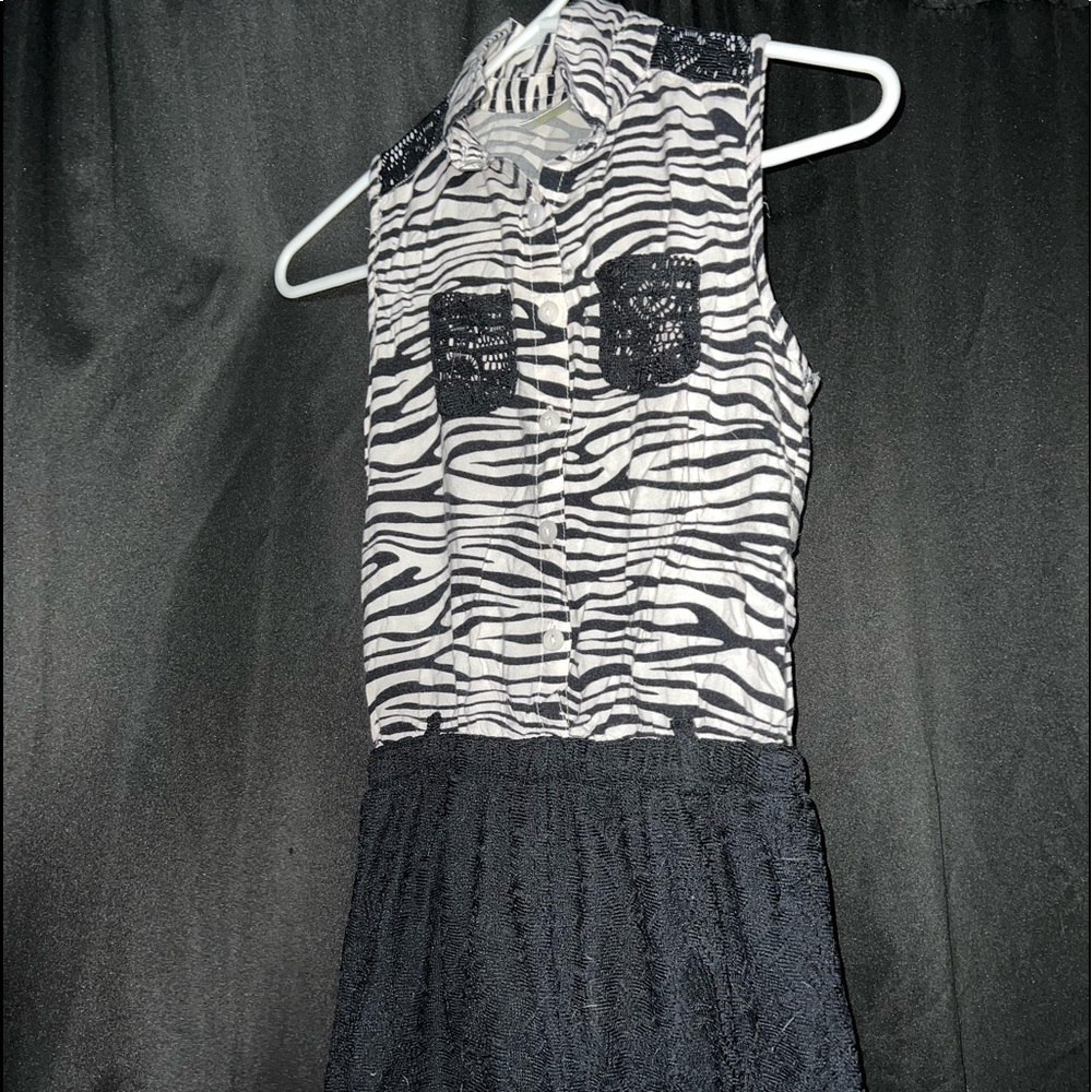 Girls zebra print/black lace short button up romper